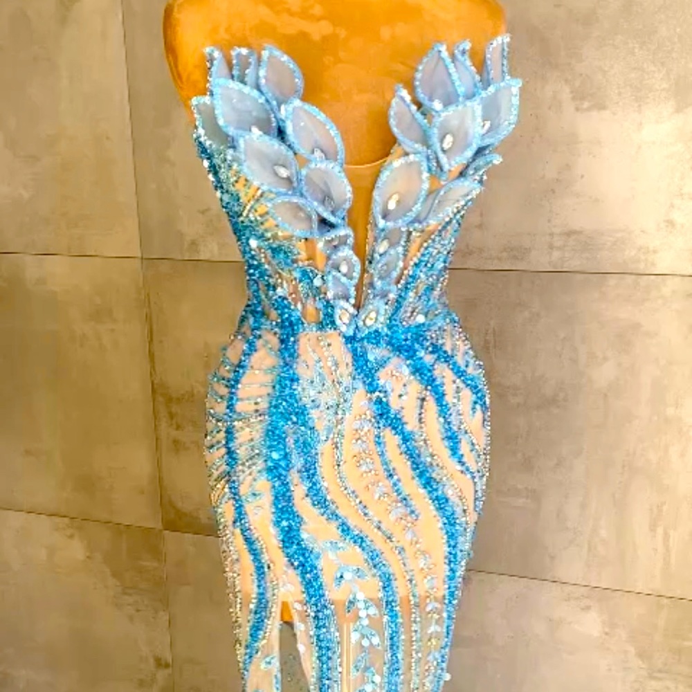 Blue embellished dress with leaf corset